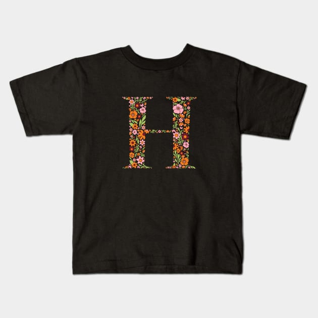 Retro Floral Letter H Kids T-Shirt by zeljkica